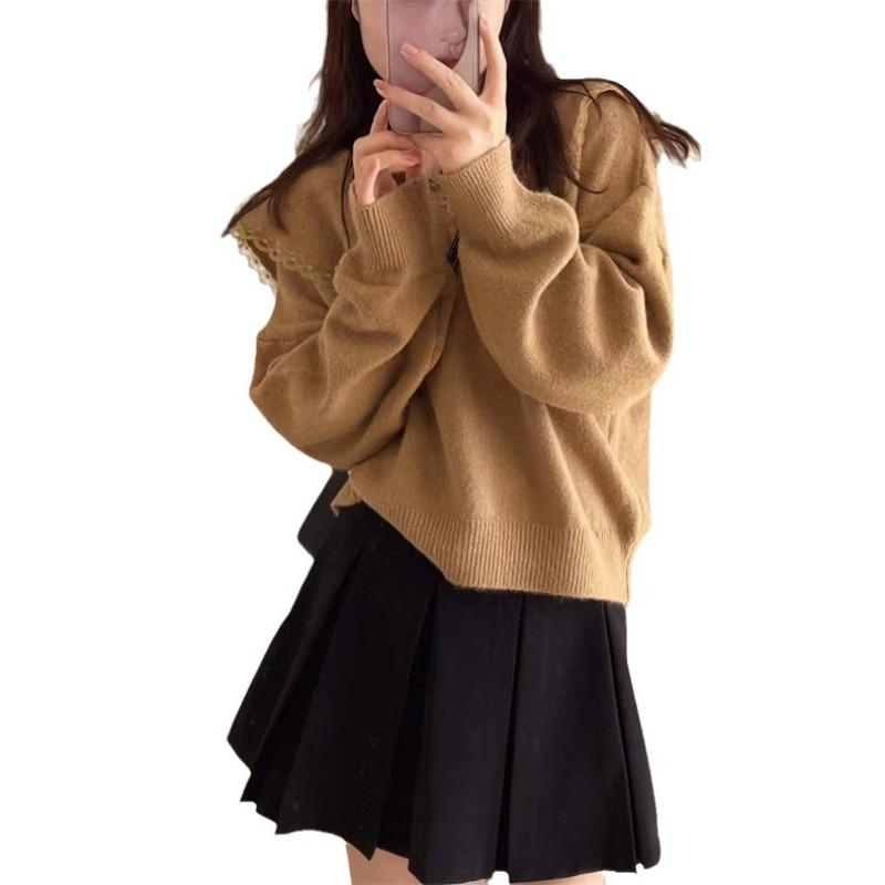 Autumn and winter new doll collar cute wind pullover sweater women's solid color loose age-reducing knitted sweater top