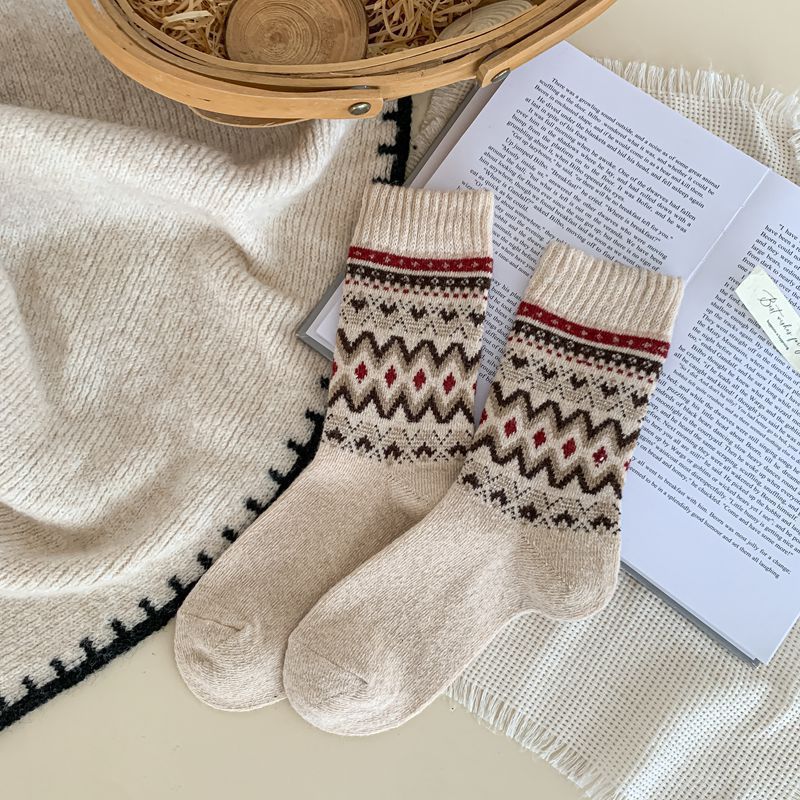 Retro Wool Socks, Women's Mid-calf Socks, Thickened and Warm Pile Socks for Autumn and Winter, Artistic Long Calf Socks