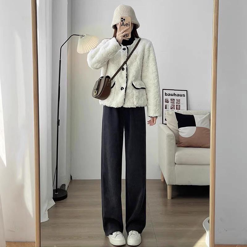 High-Waist Maternity Wide-Leg Trousers - Warm Velvet, Autumn/Winter Style