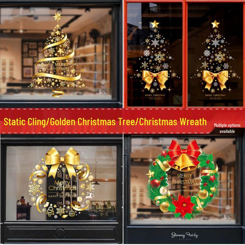 Gold Christmas Wreath & Tree Glass Door Sticker for Shop Windows