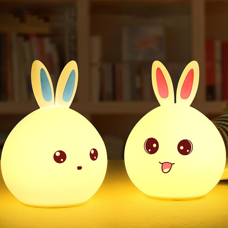 LED Rechargeable Night Light Cute Rabbit Colorful Light Clap Lamp Pat Lamp Night Feeding Baby Bedroom and Kid's Christmas Gift