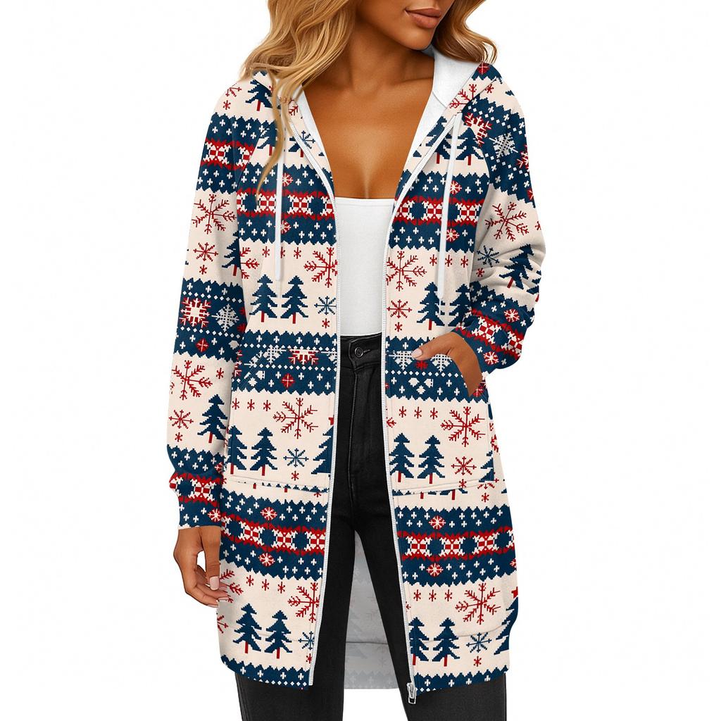 Women's Fashionable Christmas Printed Long Sleeved Drawstring Hooded Zipper Pocket Long Casual Sweatshirt Jacket