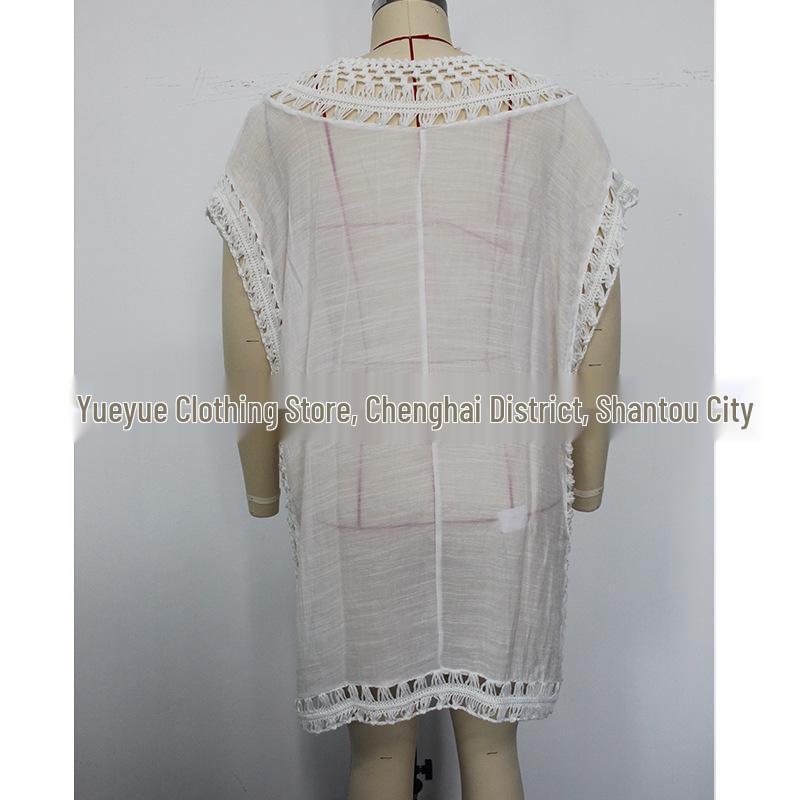 Cross-Border Solid Color Crochet Bamboo Patchwork Neckline Beach Cover-Up
