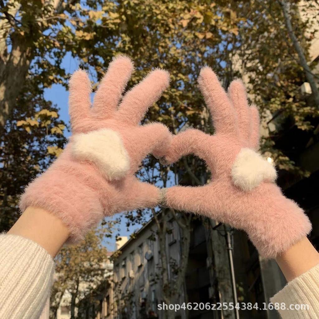 New plush love outdoor five fingers cute knitted windproof girl cold