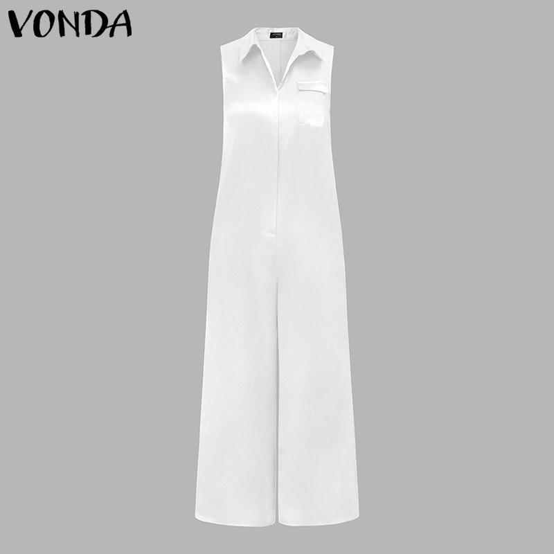 VONDA Women Sleeveless Satin Thin Jumpsuits V Neck Pockets Casual Long Rompers 