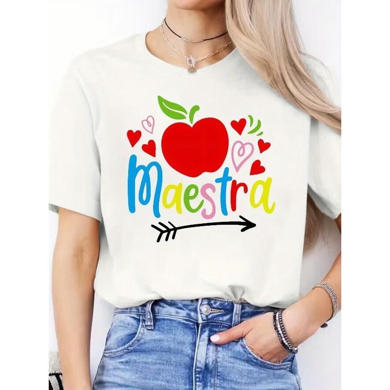 European Size Women'S "Maestra" Graphic T-Shirt - Casual, Short Sleeve, Round Neck, Lightweight, Spring/Summer Top with Heart & Arrow Design