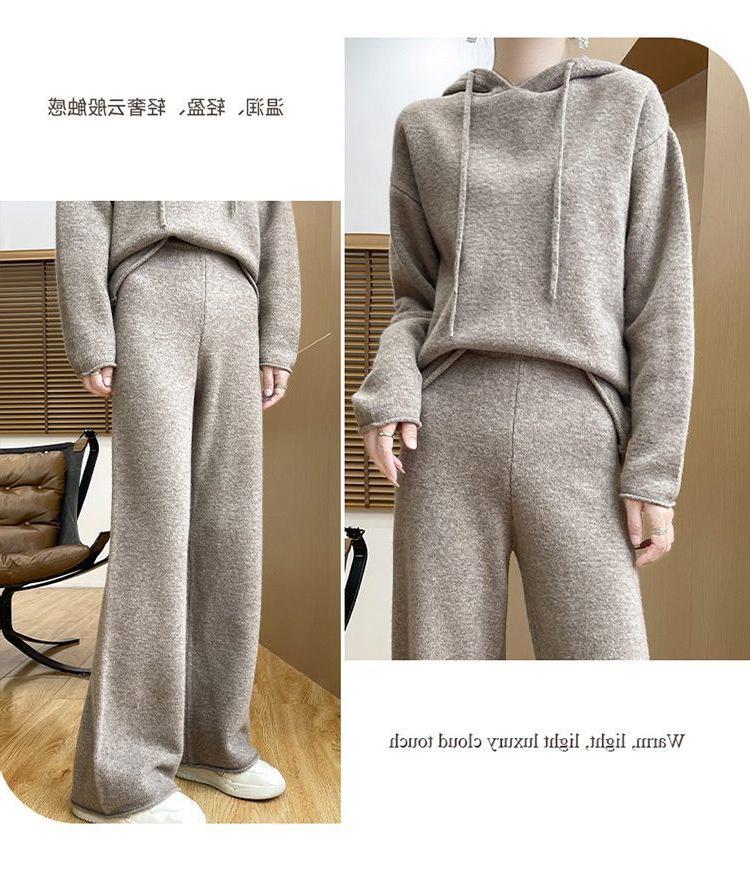 Koreanischer Stil Herbst/Winter 2025 Damen Kapuzen-Strickpullover & Weitbeinige Hosen Set