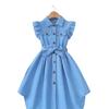Girls Summer Dress Lapel Ruffle Sleeves Waist Tie Single Breasted Blue Western Style Children's Dress