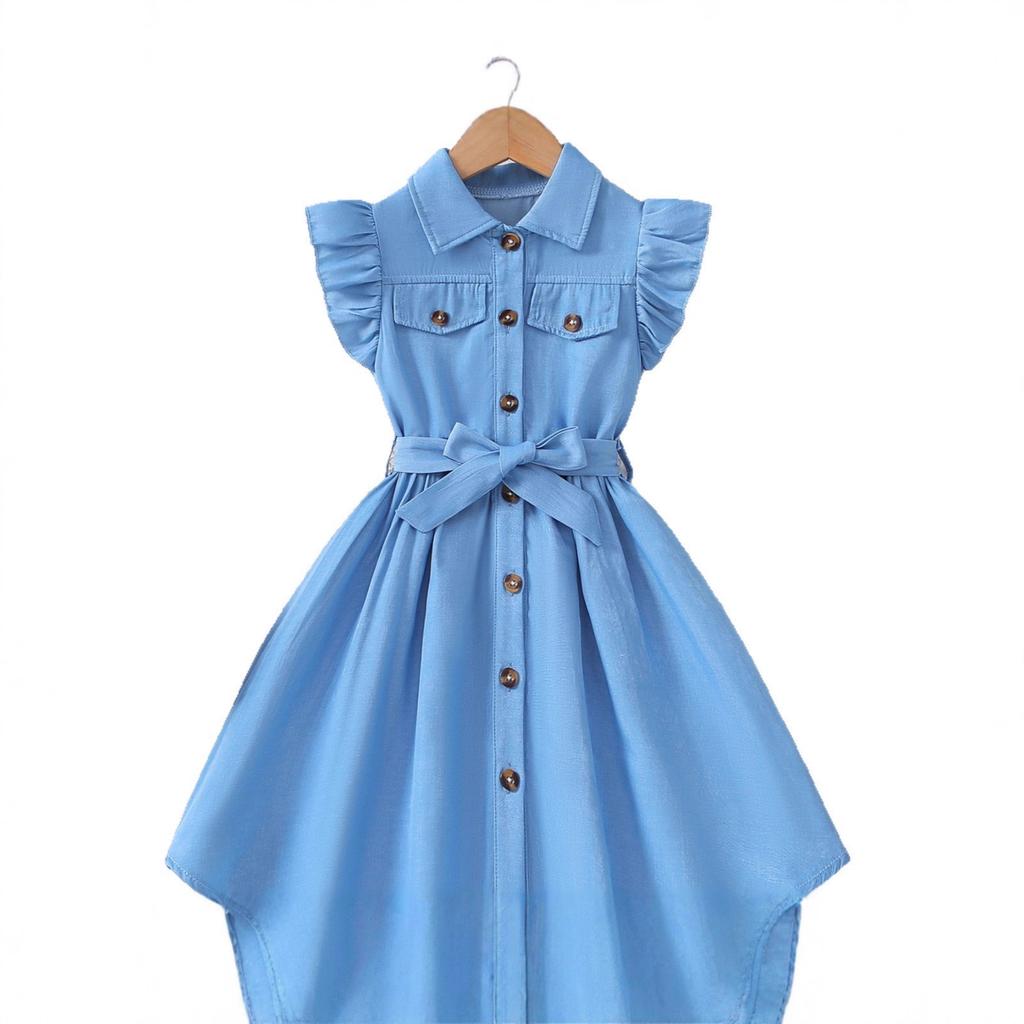 Girls Summer Dress Lapel Ruffle Sleeves Waist Tie Single Breasted Blue Western Style Children's Dress