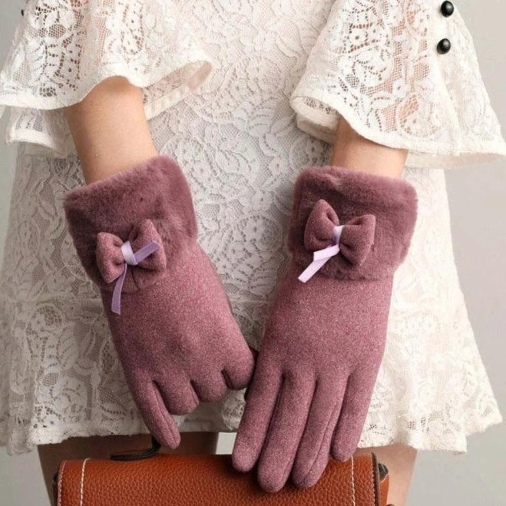 Bow Thickened Suede Gloves Soft Windproof Finger Mittens All-Match Women Anti-cold Gloves  Outdoor