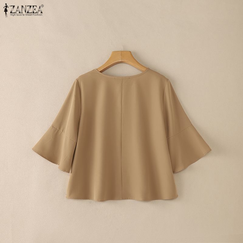 ZANZEA Women Casual Round Neck Solid Color Loose 3/4 Sleeve Blouse