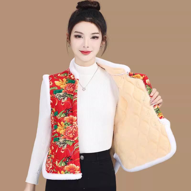 New Chinese Style Red Floral Padded Vest for Middle-Aged & Elderly Women - Thick Short Coat for Autumn/Winter