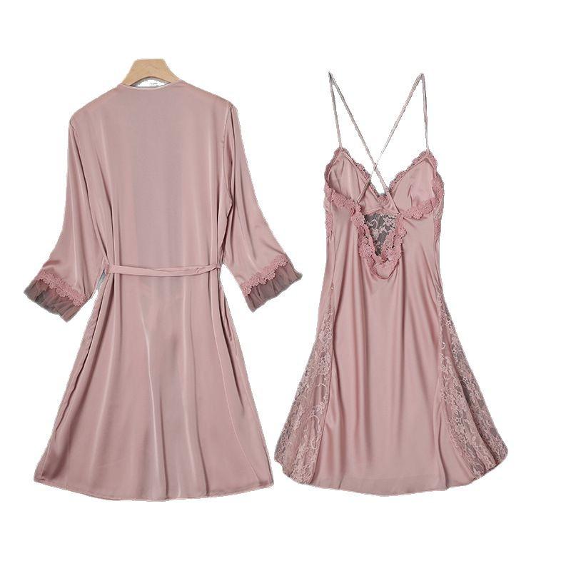 Conjunto Sexy de Camisola de Cetim e Robe de Renda para Mulher
