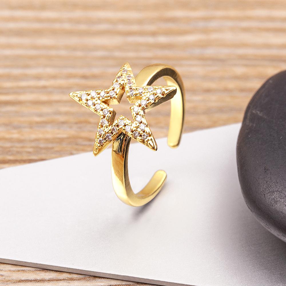 Nidin New Hip Hop Rock Five Star Rings Men Women Luxury Gold Color Rhinestones Zircon Pentagram Adjustable Wedding Party Gift
