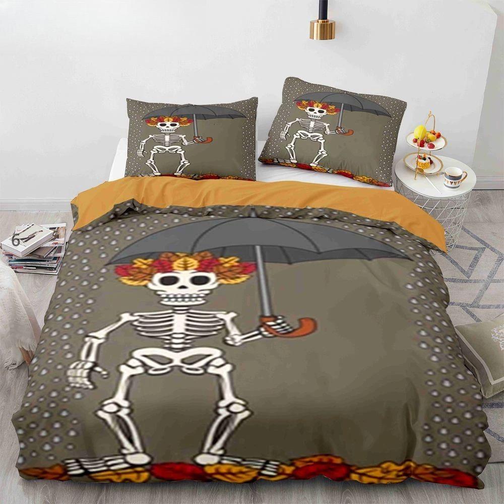 Sugar Skull King Queen Duvet Cover Funny Skeleton Halloween Bedding Set Gothic Spooky Bone Quilt Cover Polyester Comforter Cover