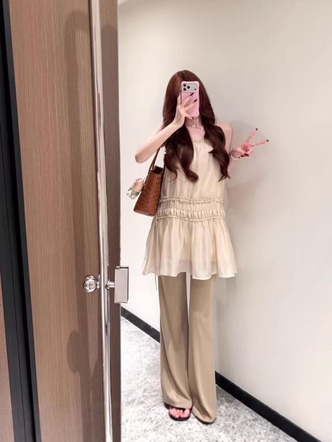 Lace Spliced A-Line Skirt & Camisole Pleated Dress - Slim-fit, Cinched Waist, Layered Vacation Style
