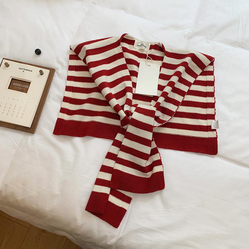 Knitted Striped Wool Shawl Women's Spring and Autumn with Fake Collar Shawl Scarf Versatile Vest