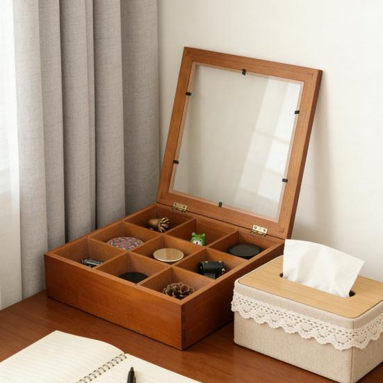 Boîte de Rangement en Bois à 9 Compartiments Boîte de Collection de Roches avec Couvercle en Acrylique Transparent Étui de Rangement Rétro pour Bijoux Cristaux et Petits Objets de Collection