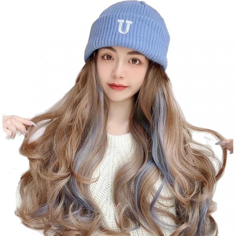 Wig Hat Combo Long Curly Hair Heat Resistant Fiber Fashion Highlight Cap Women
