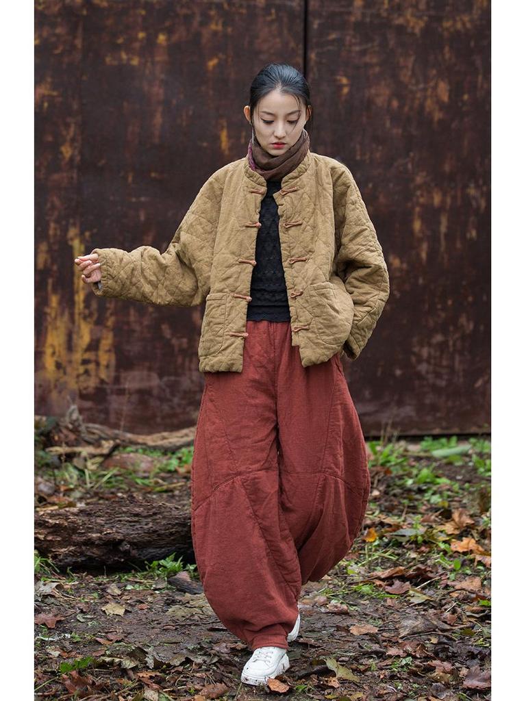 Women's Winter Ramie Quilted Diamond Pattern Cotton Coat with Frog Buttons - Bohemian Style