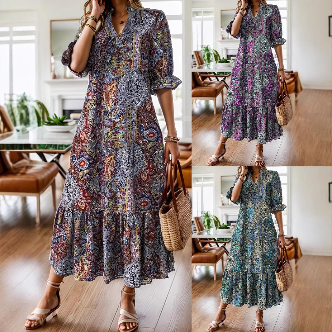 

Women s Long Paisley Print Ruffled Hem V-Neck Half-Sleeve Bohemian Dress 5XL