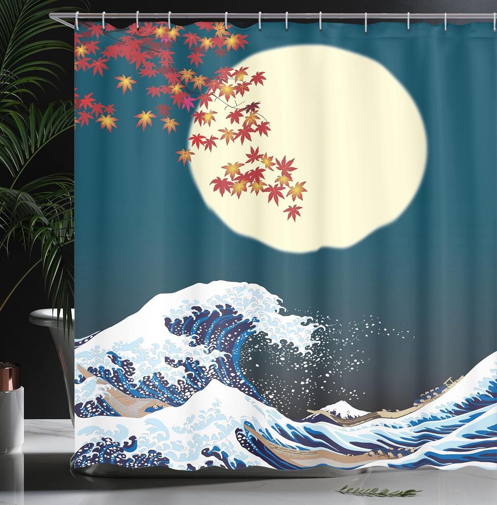 Japanese Wave Moon Shower Curtain Autumn Maple Art Traditional Japanese Bathroom Decor Linen180X230