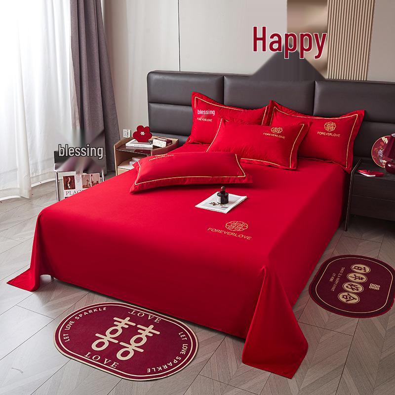 Red Embroidered Wedding Bedding Set: Duvet Cover, Bed Sheet, Pillowcase & Bed Skirt. Pillowcase 48x74cm (single)
