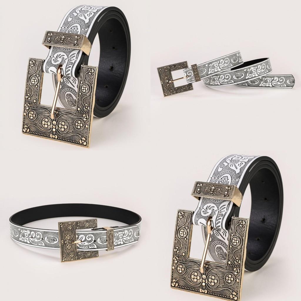Vintage National Style Embossed Metal Buckle Floral Pu Leather Belt For Jeans