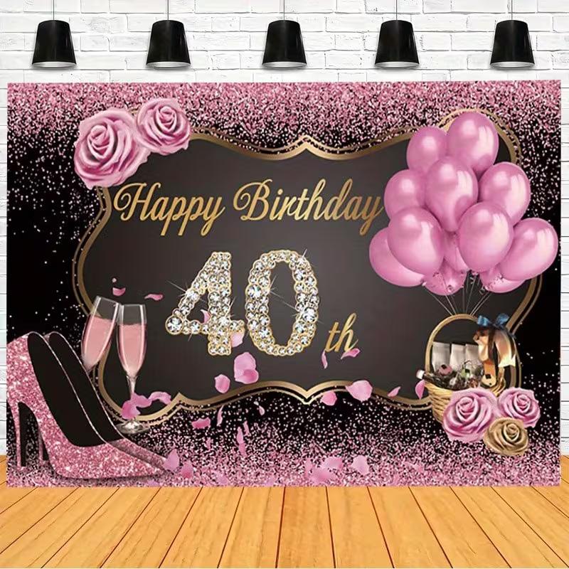 

2D Glamorous 40th Birthday Backdrop - Rose & Champagne Banner for Women s 40th Birthday Photoshoot 47.2x31.5inch/120*80cm