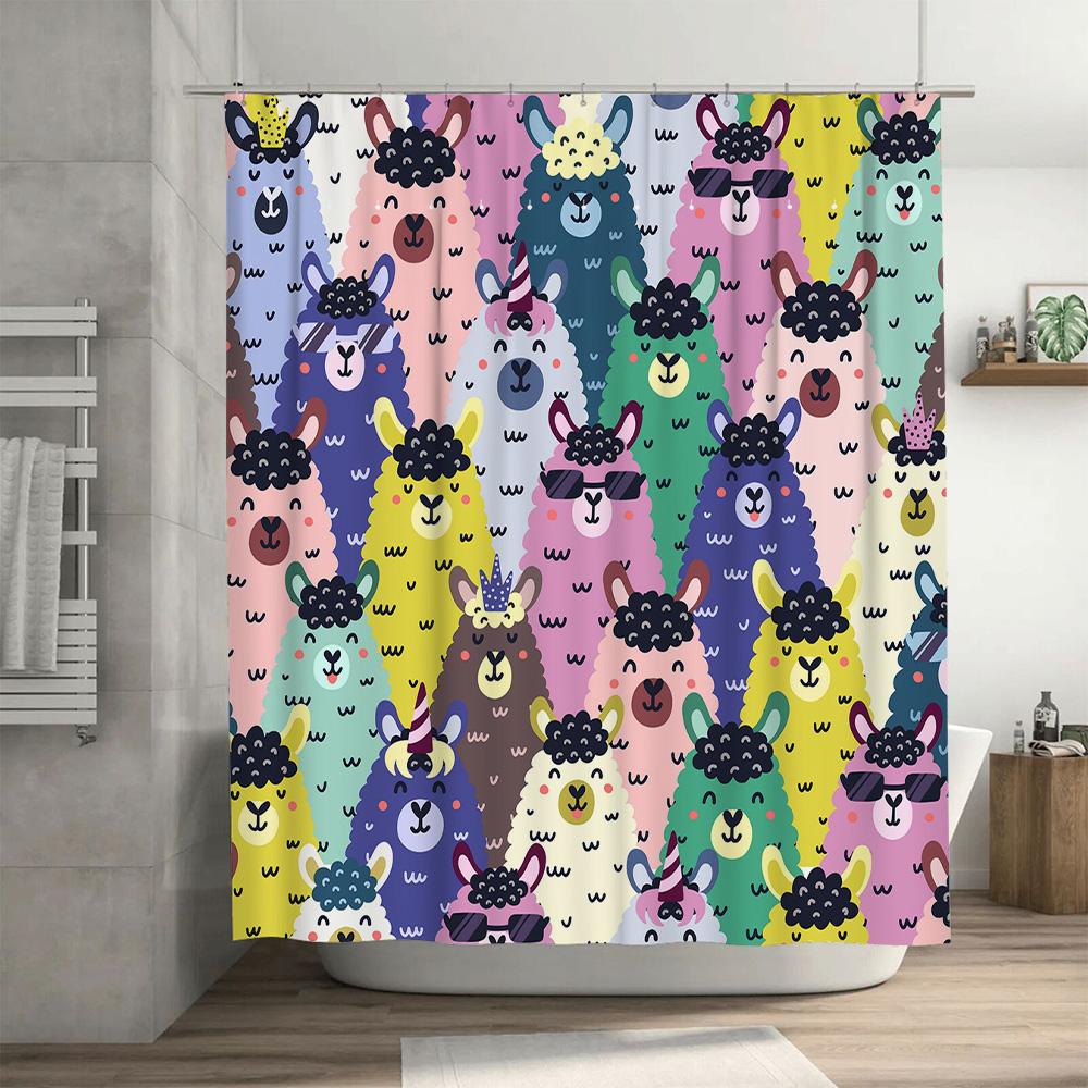 Funny Llama Fiesta: Colorful Cartoon Shower Curtain for a Playful and Whimsical Bathroom Décor