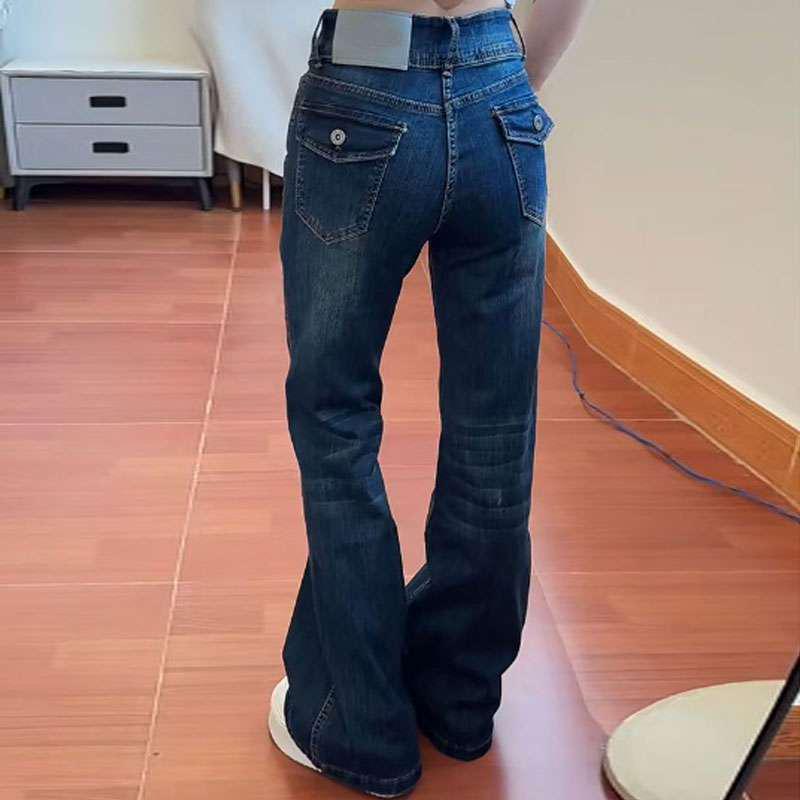 Women's Dark Blue Micro-Flare Low-Rise Jeans - Retro Style Plus Size, Straight Leg for Autumn/Winter.