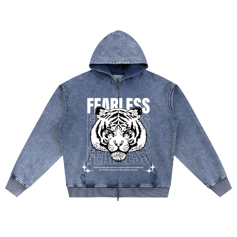 DTG Print Knitted Denim Zip-Up Hoodie Fearless Brother Print Zipper Hoodies  