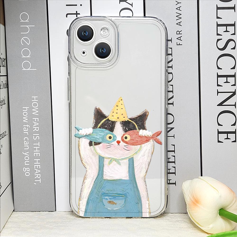 Funda de Teléfono Pareja Gato Pez Dibujo Animado Divertido para IPhone 16 15 14 11 12 13 Pro Max 7 8 Plus Mini XS XR Transparente Blanda Fundas