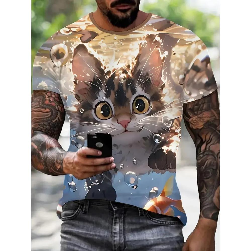 Summer Round Neck 3D Print Funny Cat Pattern Top Fashionable Casual Short Sleeved Men's T-shirts