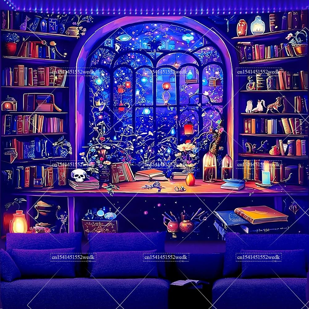 Magic Bookshelf Blacklight Tapestry UV Reactive Skull Library Neon Tapestrys Aesthetic Witchy Alchemy Fluorescent Tapestries