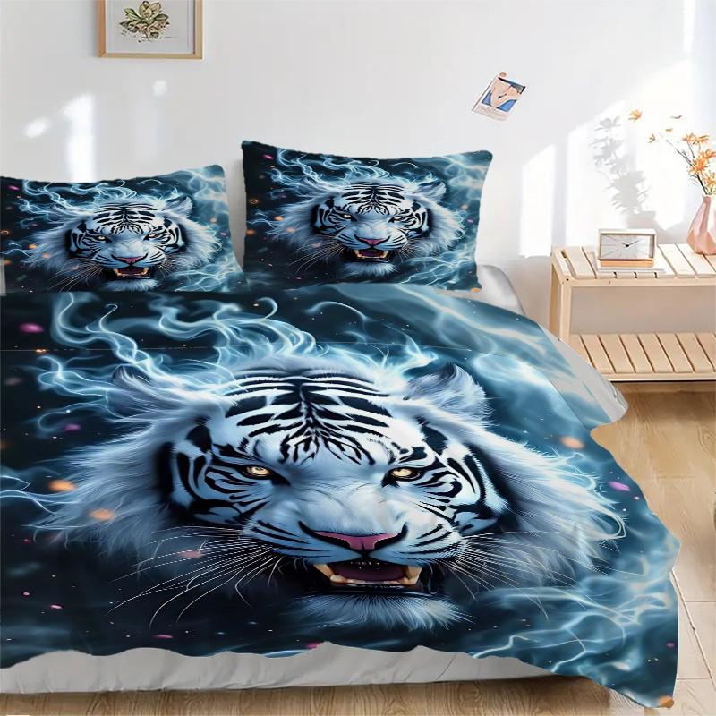 3pcs Flaming White Tiger Printed Bedding Set, Soft and Comfortable Quilt Cover for Bedroom, Guest Room (1 Duvet Cover + 2 Pillowcases, Pillow Cor