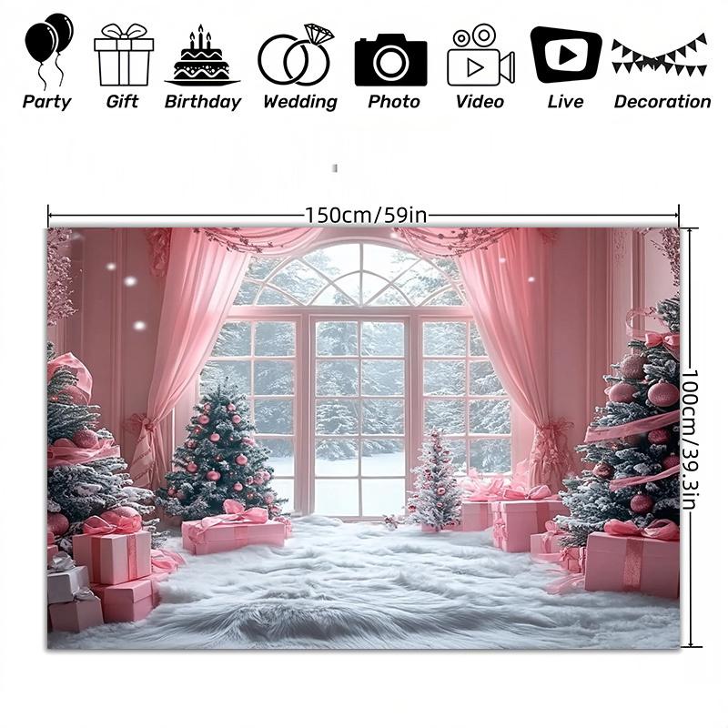1pc polyester Christmas background with snow scene, pink curtains and holiday decorations - Winter holiday banner decoration