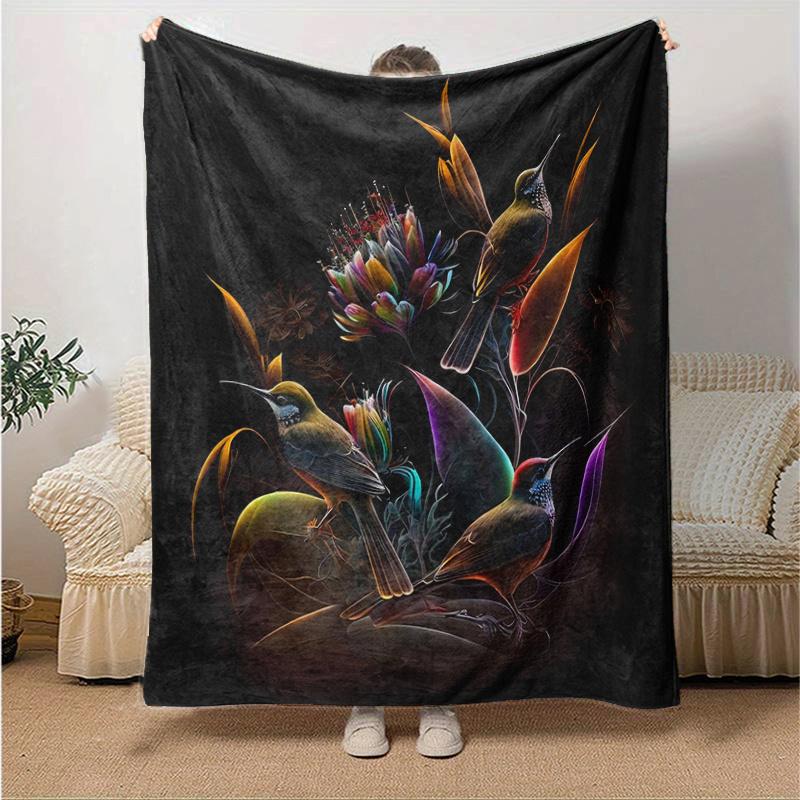 1pc Birds amidst Luminous Flowers Blanket  Home Decor, Gift Idea, Suitable for All Seasons,Living Room, Travel, Camping, Car Blankets