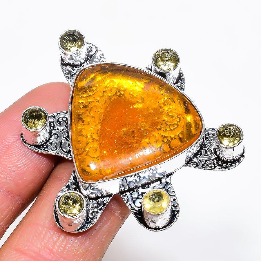 Натуральный Балтийский Янтарь, Цитрин 925 Пробы Серебро Ювелирное Кольцо Размер 7.5 AR-16436