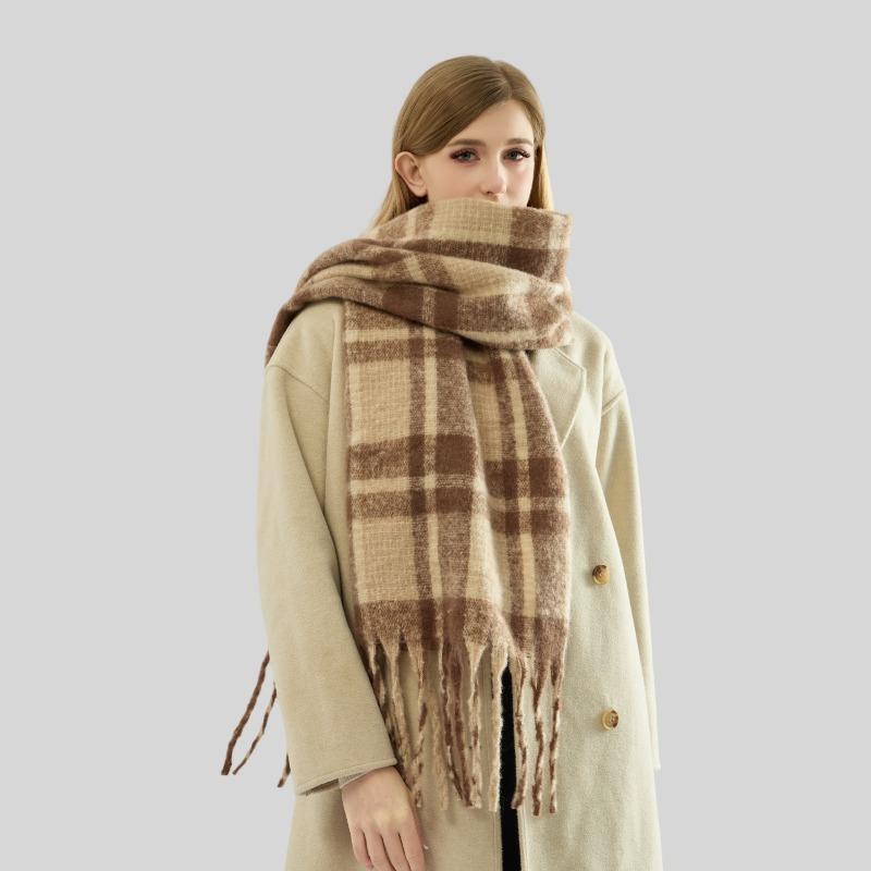 Autumn and winter new mohair plaid scarf women's thickened high-end imitation cashmere scarf atmosphere warm scarf