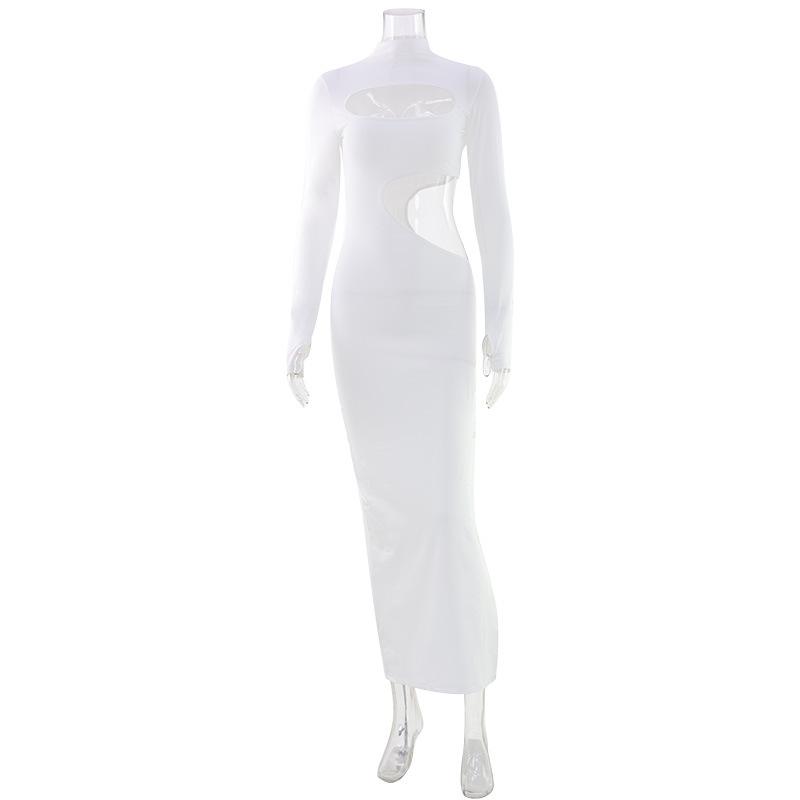 

European and American style sexy dress women s clothing turtleneck long sleeves hollow tight slim fit solid color temperament long dress S