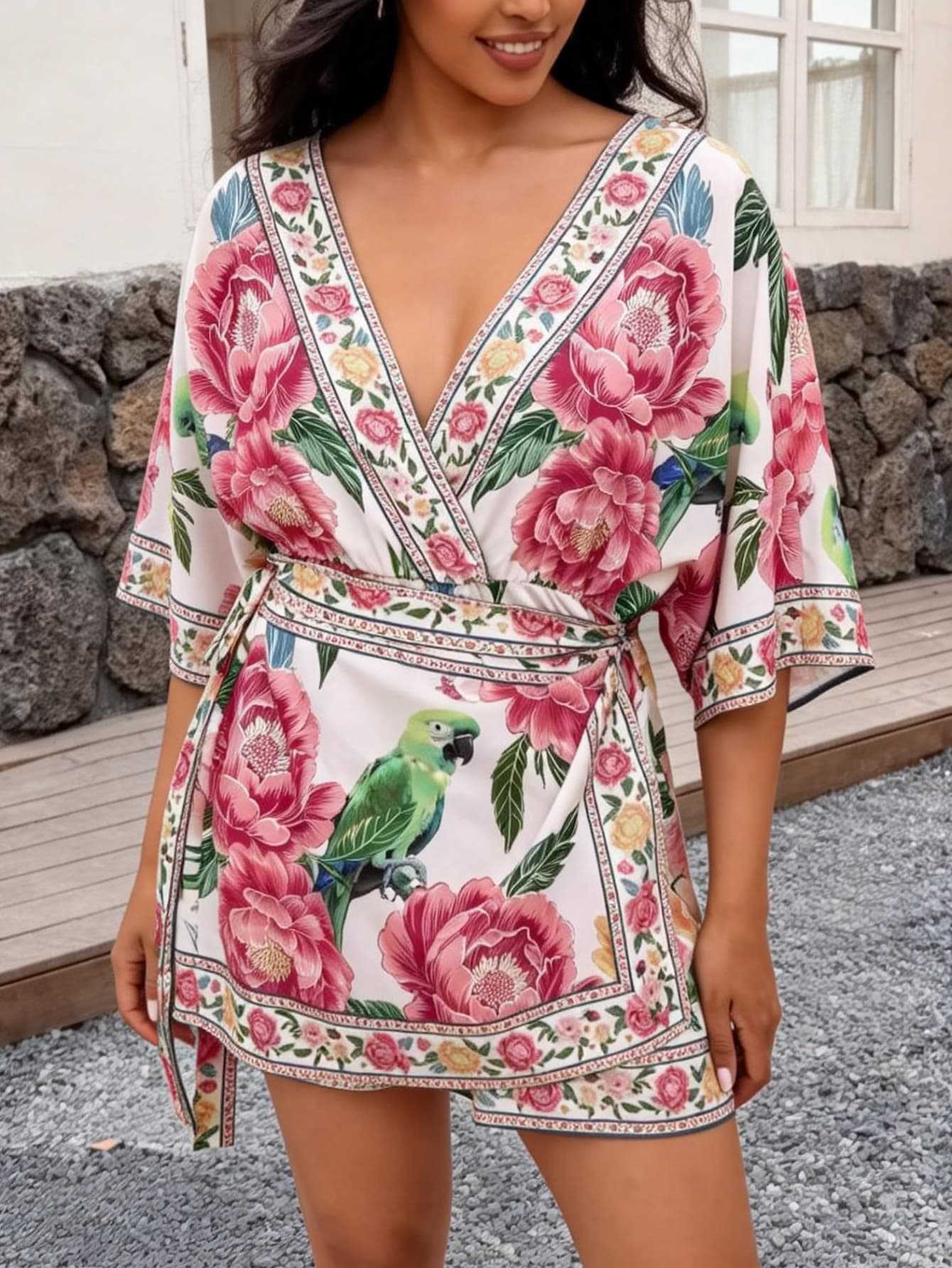 New floral printing holiday style dress women s summer lace-up V-neck short skirt fashion casual European and American style wholesale L