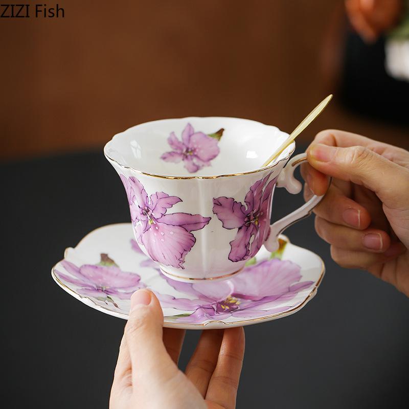 Purple Lily Pattern Mugs Porcelain Cup&saucer Tableware Gilding Coffee Mug Dining Table Afternoon Tea Teacup Fruits Juice Cup