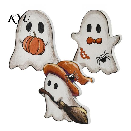 Office Tabletop Holiday Ornaments Halloween Cute Ghost Sign, Pumpkin Tombstone Wooden Plaque Playful Cartoon Statues for Tiered Tray Decor,