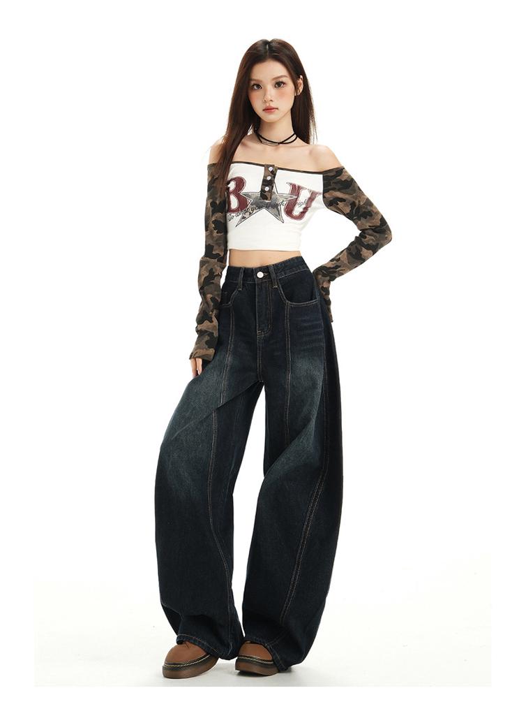 Women's Autumn High-Waisted Scimitar Jeans: Lazy Style Loose Wide-Leg Mop Pants