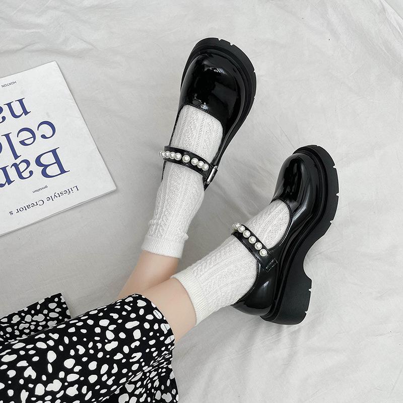 

Fashion Women Leather Shoes British Style Classic Mary Janes Round Toe Platform Square Middle Heels Thick Soled Loafers Shoes Plus Size 42