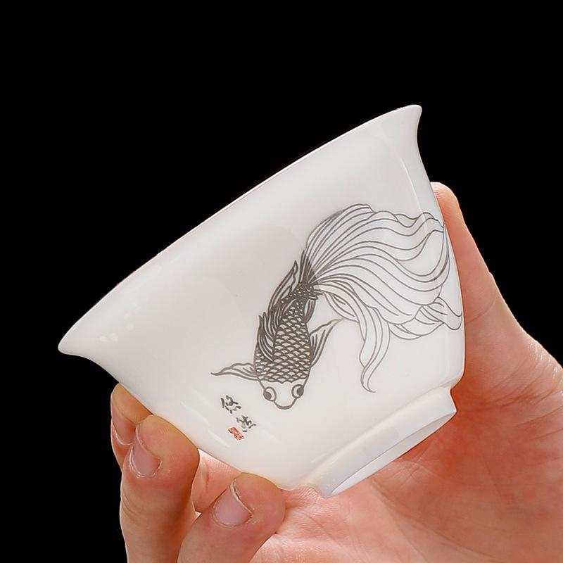 Suet jade white porcelain kung fu tea set household cover bowl teapot tea cup high-end gift box festival gift set