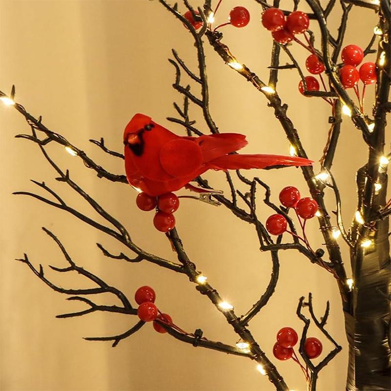 Vintage Glowing Tree With Cardinals, Trees With Cardinals, Little Red Bird Trees Light, Christmas Tree With Berries
