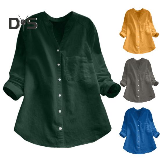 Dame vår høstskjorte topp ensfarget løs passform pustende stoff V-hals lange ermer Single-breasted Casual Top Streetwear