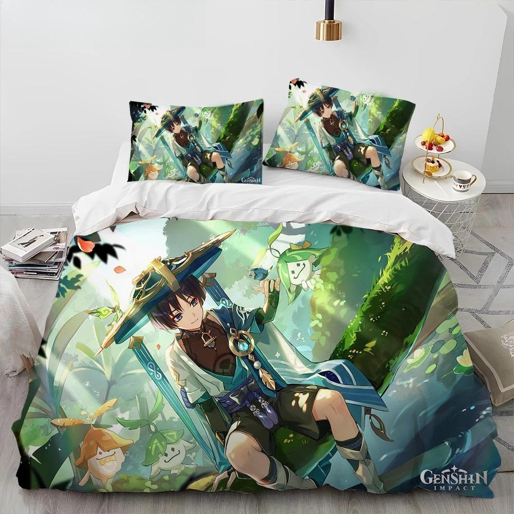Genshin Impact Game Gamer Cartoon Comforter Bedding Set,Duvet Cover Bed Set Quilt Cover Pillowcase,king Queen Size Bedding Set